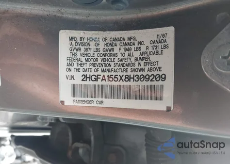 2008 Honda Civic Lx из США, поврежденный, VIN 2HGFA155X8H309209